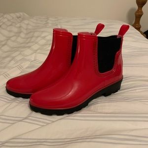 Red rain boots, worn once